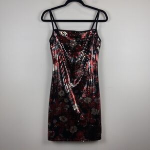 Y2K Express Womens Mini Dress M 7/8 Red Black Sequins Body Con Party Cocktail